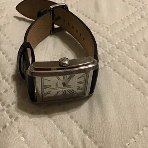 Fossil Silver-Tone Rectangular Watch with Black Leather Strap